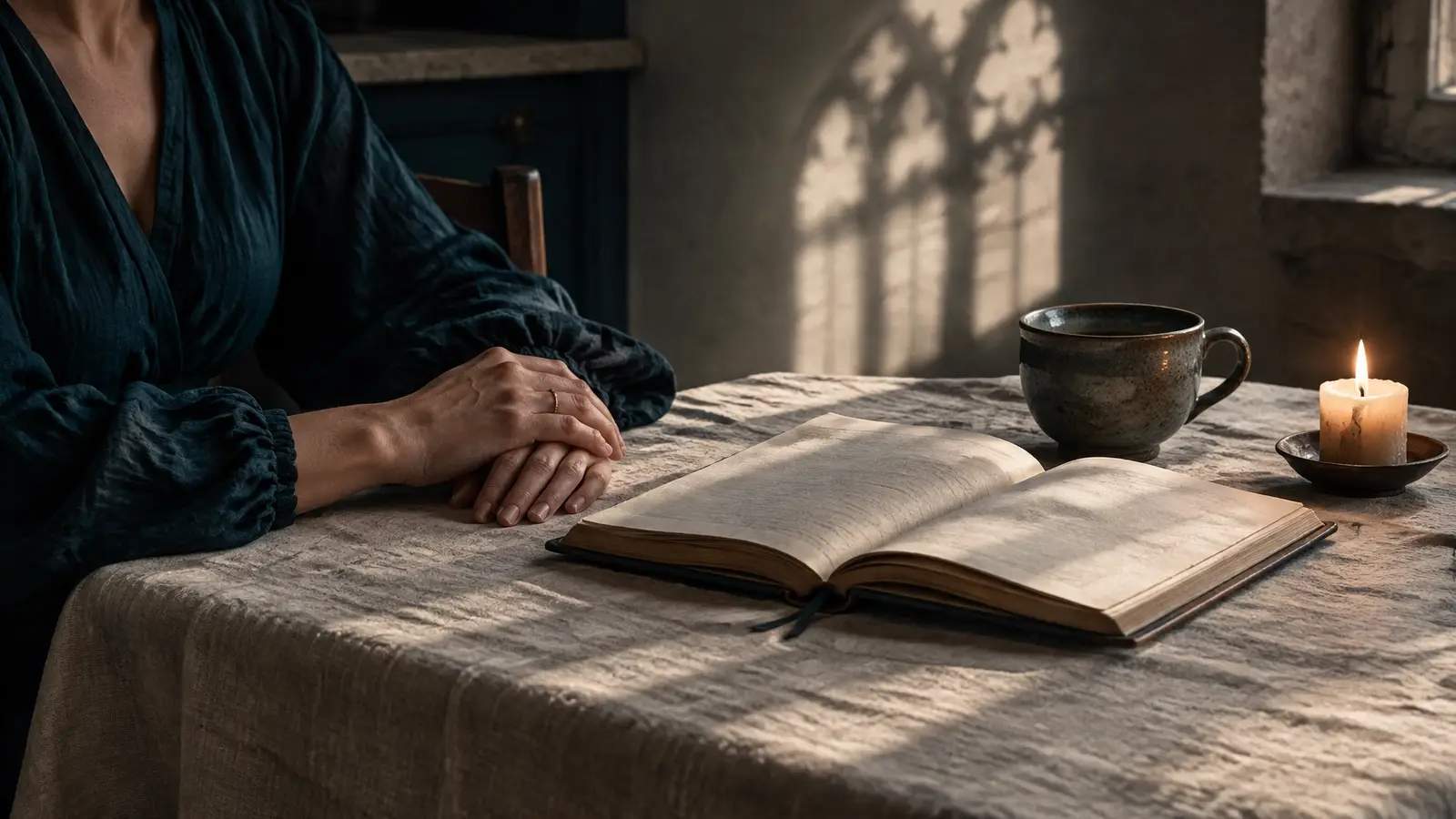 Hands resting beside an open journal and candle on a linen-covered table